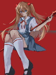 Rule 34 | 1girl, absurdres, artist request, ass, blue eyes, brown eyes, hair ornament, highres, holding, holding weapon, lance of longinus (evangelion), long hair, looking at viewer, neon genesis evangelion, polearm, red background, school uniform, solo, souryuu asuka langley, very long hair, weapon