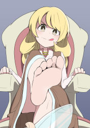 Rule 34 | 1girl, barefoot, blonde hair, feet, female focus, foot focus, leg up, long hair, looking at viewer, pov, salpin, sitting, soles, solo, toes, tongue, tongue out, yellow eyes