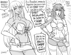 Rule 34 | 2girls, absurdres, anger vein, archery, arrow (projectile), asymmetrical clothes, asymmetrical legwear, bb (baalbuddy), breasts, cleavage, collarbone, crop top, dark-skinned female, dark skin, elbow gloves, english text, gloves, greyscale, heart, highres, hime cut, large breasts, long hair, miniskirt, monochrome, multiple girls, original, pointy ears, quiver, revealing clothes, simple background, skirt, speech bubble, white background