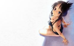 Rule 34 | 1girl, akiyama mio, arm support, bikini, black hair, blue eyes, breasts, cleavage, covered erect nipples, feet, folded ponytail, goto p, highres, k-on!, large breasts, long hair, looking at viewer, looking up, sitting, soles, solo, swimsuit, toes, wallpaper