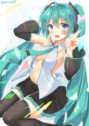 Rule 34 | 1girl, ahoge, blue eyes, blush, boots, breasts, detached sleeves, green hair, hatsune miku, headphones, highres, long hair, looking at viewer, mirea, navel, necktie, open clothes, open mouth, open shirt, renka (llawliet39), see-through, shirt, skirt, solo, thigh boots, thighhighs, twintails, twitter username, v, very long hair, vocaloid, white background