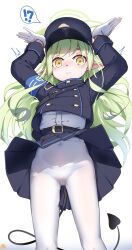Rule 34 | !?, 1girl, absurdres, belt, black belt, black hat, black jacket, black skirt, black tail, blue archive, blush, buttons, closed mouth, demon tail, double-breasted, feet out of frame, gloves, green hair, green halo, hair between eyes, halo, hat, hikari (blue archive), highres, jacket, keyfanjun, long hair, long sleeves, panties, panties under pantyhose, pantyhose, peaked cap, pleated skirt, pointy ears, sidelocks, signature, skirt, solo, tail, underwear, white gloves, white pantyhose, yellow eyes