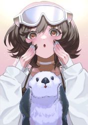 Rule 34 | 1girl, :o, animal, arknights, blue nails, blush, brown eyes, brown hair, choker, goggles, goggles on head, gradient background, hands on own cheeks, hands on own face, highres, long sleeves, looking at viewer, memetaroh, nail polish, open mouth, otter, pink background, roberta (arknights), shirt, short hair, signature, solo, upper body, white choker, white shirt
