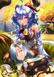 Rule 34 | 1girl, absurdres, ahoge, bare shoulders, bell, black gloves, blue hair, blush, bodystocking, branch, breast curtain, breasts, covered erect nipples, detached sleeves, ganyu (genshin impact), genshin impact, gloves, goat horns, grey hair, hair over one eye, highres, horns, jewelry, large breasts, long hair, looking at viewer, medium breasts, nature, neck bell, pantyhose, parted lips, sayu mypace, shenhe (genshin impact), sidelocks, sleeping, smile, solo, tree