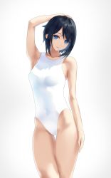 Rule 34 | 1girl, aruhi (pyxk7325), black hair, blue eyes, collarbone, commentary request, cowboy shot, highres, looking at viewer, one-piece swimsuit, original, short hair, simple background, solo, standing, swimsuit, thigh gap, white background, white one-piece swimsuit