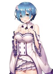 Rule 34 | 1girl, absurdres, alternate costume, ayamy, bare shoulders, blue eyes, blue hair, blush, breasts, cleavage, cosplay, detached collar, detached sleeves, dress, emilia (re:zero), emilia (re:zero) (cosplay), flower, frills, hair flower, hair ornament, hair over one eye, hair ribbon, hands on own chest, hands up, highres, looking at viewer, medium breasts, open mouth, pink ribbon, purple ribbon, re:zero kara hajimeru isekai seikatsu, rem (re:zero), ribbon, scan, short hair, simple background, skirt, smile, solo, thighhighs, white background, wide sleeves, x hair ornament
