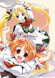 Rule 34 | 2girls, ahoge, arm up, arms up, ascot, blonde hair, blue eyes, blush, bow, breasts, cheering, flat chest, hair ribbon, holding, imu sanjo, long hair, looking at viewer, maid headdress, multiple girls, open mouth, orange hair, original, red eyes, ribbon, sailor collar, short hair, short sleeves, skirt, smile, tray, twintails, uniform, very long hair, waitress