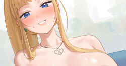 Rule 34 | 1girl, bare shoulders, blonde hair, blue eyes, blush, breasts, commentary request, completely nude, cropped, dosanko gal wa namaramenkoi, fuyuki minami, indoors, large breasts, nhaliz, nude, paid reward available, ponytail, shiny skin, smile, sweat, upper body