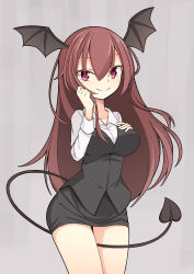 Rule 34 | &gt;:), 1girl, bat wings, between legs, black skirt, black vest, breasts, bright pupils, collarbone, collared shirt, colored eyelashes, contrapposto, cowboy shot, demon tail, dot nose, dress shirt, grey background, hair between eyes, hand on own cheek, hand on own chest, hand on own face, head wings, hekkmushi, highres, koakuma, large breasts, long hair, looking at viewer, miniskirt, red eyes, red hair, red pupils, shirt, simple background, skirt, skirt set, solo, tail, tail between legs, touhou, v-shaped eyebrows, very long hair, vest, white shirt, wings
