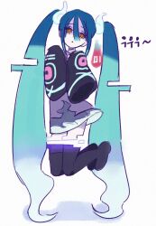 Rule 34 | 1girl, aqua hair, black sleeves, black thighhighs, commentary request, creatures (company), detached legs, floating, full body, game freak, ghost miku (project voltage), gimtokki, glitch, gradient hair, grey shirt, grey skirt, hair between eyes, hatsune miku, highres, korean commentary, long hair, looking at viewer, multicolored hair, nintendo, pale skin, pokemon, print sleeves, project voltage, see-through, see-through skirt, shirt, skirt, sleeves past fingers, sleeves past wrists, solo, thighhighs, twintails, very long hair, vocaloid, white hair, will-o&#039;-the-wisp (mythology), yellow eyes