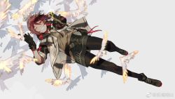 Rule 34 | animal, arknights, bird, exusiai (arknights), gloves, gun, highres, holding, holding weapon, hood, hooded shirt, looking at viewer, one eye closed, red eyes, red hair, short hair, shuiyaoximushi, skirt, solo, thighhighs, weapon