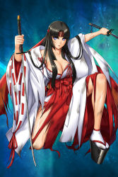 Rule 34 | 1girl, black footwear, black hair, blind, blue eyes, breasts, cleavage, collarbone, dual wielding, eiwa, hakama, hakama skirt, headband, holding, holding sword, holding weapon, japanese clothes, katana, kensei-miko tomoe, large breasts, long hair, long sleeves, looking at viewer, low-tied long hair, miko, official art, parted lips, platform clogs, queen&#039;s blade, queen&#039;s blade rebellion, queen&#039;s blade white triangle, red hakama, red headband, sheath, sidelocks, simple background, skirt, solo, sword, tabi, tomoe (queen&#039;s blade), tomoe (queen's blade), torn clothes, very long hair, weapon, wide sleeves