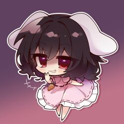 Rule 34 | 1girl, animal ears, barefoot, black hair, blush, brown background, carrot necklace, chibi, commentary, dress, frilled dress, frills, full body, gradient background, grin, hair between eyes, highres, inaba tewi, jewelry, looking at viewer, misosiru 0224, necklace, open mouth, outline, pink dress, rabbit ears, red eyes, shaded face, short hair, short sleeves, smile, solo, touhou, white outline