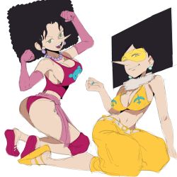 Rule 34 | 2girls, ass, bikini, bikini bottom only, bikini top only, black hair, breasts, cleavage, earrings, elbow gloves, gloves, green eyes, highres, jewelry, kiwi (one piece), large breasts, legs, long nose, looking at viewer, midriff, mozu (one piece), multiple girls, nail polish, navel, necklace, one piece, pointy nose, shiny skin, siblings, sideboob, sisters, smile, suwafro, swimsuit, thighs, visor, wavy hair