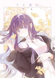 Rule 34 | 1girl, black robe, blunt bangs, blunt ends, breasts, character name, closed mouth, collar, dress, emo (ricemo), fern (sousou no frieren), frilled collar, frills, ginkgo tree, hand on own chest, holding, holding leaf, leaf, long hair, long sleeves, looking at viewer, lying, medium breasts, on back, purple eyes, purple hair, robe, sidelocks, smile, solo, sousou no frieren, twitter username, upper body