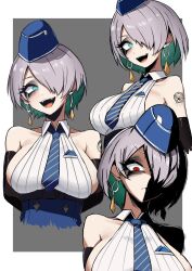 1girl angry arm_tattoo armpit_crease arms_behind_back bare_shoulders black_gloves blue_eyes blue_hat blue_necktie blue_skirt breasts brid_(nikke) collared_shirt crazy_eyes dot_nose earrings elbow_gloves eyeshadow fangs frown garrison_cap gloves goddess_of_victory:_nikke grey_hair hair_over_one_eye happy hat head_tilt highres jewelry large_breasts looking_to_the_side makeup multiple_views nagainegi necktie open_mouth red_eyes shaded_face shirt short_hair sideboob simple_background skirt sleeveless sleeveless_shirt smile solo tattoo teeth tongue white_shirt