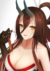 Rule 34 | 1girl, abeen jhong, absurdres, adjusting hair, bare shoulders, breasts, brown hair, claws, cleavage, collarbone, commentary request, facial mark, fate/grand order, fate/requiem, fate (series), hair rings, highres, horns, kijo kouyou (fate), kijo kouyou (third ascension) (fate), large breasts, lipstick, long hair, looking at viewer, makeup, slit pupils, solo, tattoo, upper body, yellow eyes
