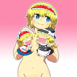 Rule 34 | 1girl, alice margatroid, blonde hair, blue eyes, blush stickers, censored, censored nipples, character doll, convenient censoring, female focus, gomi ichigo, groin, hairband, highres, kirisame marisa, navel, nude, puppet, short hair, simple background, smile, solo, touhou