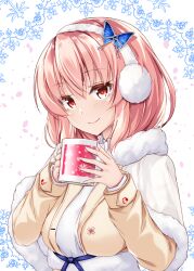 Rule 34 | 1girl, alternate costume, brown eyes, coat, comiket 97, cup, fur trim, headphones, holding, holding cup, long sleeves, looking at viewer, merxkialis, pink hair, saigyouji yuyuko, smile, snowflakes, solo, touhou, upper body, winter clothes, winter coat