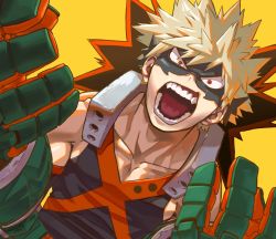 Rule 34 | 1boy, bakugou katsuki, black mask, blonde hair, boku no hero academia, commentary request, gauntlets, highres, male focus, mask, muscular, muscular male, open mouth, red eyes, solo, spiked hair, teeth, yellow background, yomoyama yotabanashi