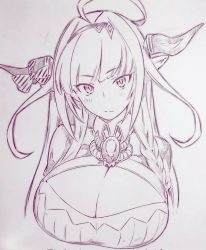 Rule 34 | 1girl, ahoge, bow, breasts, cleavage, closed mouth, commentary request, corrupted twitter file, dragon girl, dragon horns, hairband, highres, hololive, horns, kiryu coco, kiryu coco (1st costume), large breasts, long hair, looking at viewer, monochrome, pointy ears, solo, striped, striped bow, traditional media, tsukareta san, upper body, virtual youtuber