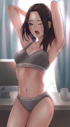 Rule 34 | 1girl, armpits, arms behind head, arms up, backlighting, black hair, blue eyes, brand name imitation, breasts, calvin klein, cleavage, counter, cowboy shot, cup, curtains, day, ear piercing, earclip, freckles, highres, indoors, long hair, looking at viewer, medium breasts, navel, one eye closed, open mouth, panties, piercing, samsung, samsung sam, sink, solo, sports bra, standing, tears, tinnies, underwear, underwear only, yawning