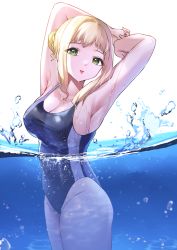 Rule 34 | 1girl, armpits, blonde hair, breasts, competition swimsuit, covered erect nipples, covered navel, green eyes, hair bun, highres, ichijou natsu, looking at viewer, medium breasts, one-piece swimsuit, partially submerged, partially underwater shot, pepeo, pool, short hair, shuumatsu no harem, sidelocks, simple background, single hair bun, smile, solo, standing, swimsuit, underwater, wading, wet, white background