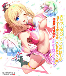 1girl absurdres black_socks blonde_hair blue_eyes bow bowtie braid breasts character_request cheerleader confetti crop_top gibagiba hair_bow highres large_breasts long_hair mana_(monster_strike) monster_strike one_eye_closed open_mouth panties pantyshot pink_bow pink_bowtie pink_skirt pom_pom_(cheerleading) shoes side-tie_panties skirt socks translation_request underboob underwear white_footwear white_panties