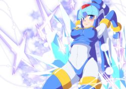 Rule 34 | 1girl, armpits, blue eyes, blush, bodysuit, breasts, covered navel, elbow gloves, covered erect nipples, female focus, fingerless gloves, gloves, helmet, hip focus, ice, large breasts, fairy leviathan (mega man), mega man (series), mega man zero (series), semikichi, smile, solo, thighhighs
