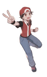 Rule 34 | 1boy, :d, absurdres, baseball cap, black shirt, black wristband, brown eyes, brown hair, clenched hand, commentary request, creatures (company), full body, game freak, grey pants, hat, highres, jacket, looking at viewer, male focus, nintendo, odd (hin yari), open mouth, pants, pokemon, pokemon frlg, red (pokemon), shirt, shoes, short hair, short sleeves, simple background, smile, solo, teeth, tongue, v, white background