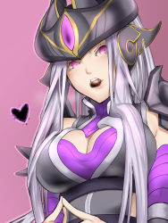 Rule 34 | 1girl, breasts, center opening, chocolate, cleavage, eyelashes, food in mouth, half-closed eyes, heart, helmet, highres, kumiko shiba, large breasts, league of legends, long hair, looking at viewer, open mouth, purple background, purple eyes, simple background, solo, syndra, teeth, upper body, valentine, white hair