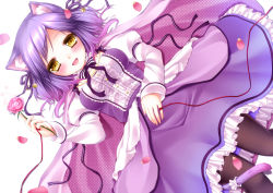 Rule 34 | 1girl, :d, animal ears, bow, cape, cat ears, dutch angle, flower, hair bow, hair ribbon, holding, looking at viewer, open mouth, original, petals, purple hair, ribbon, rose, shitou, smile, solo, wind, yellow eyes