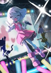 Rule 34 | 3girls, :d, animal ears, bow, bowtie, cat ears, cat girl, cat tail, concert, disco ball, dog girl, dress, dutch angle, closed eyes, fukuda (okometani), furry, furry female, highres, holding, holding microphone, ichimura shiho, idol, microphone, multiple girls, nikaidou rui, odd taxi, open mouth, pink bow, pink bowtie, pink dress, pink footwear, smile, stage, stage lights, tail, wadagaki sakura