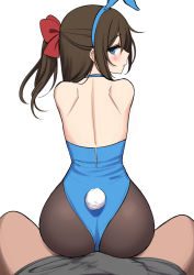 Rule 34 | 1girl, animal ears, ass, back, backless leotard, bad id, bad twitter id, bare shoulders, blue choker, blue eyes, blue leotard, bow, brown hair, brown pantyhose, bulge, buttjob, buttjob over clothes, choker, deadnooodles, dry humping, erection, erection under clothes, fake animal ears, fake tail, from behind, hair bow, hairband, highleg, highleg leotard, highres, humping, leotard, long hair, looking at viewer, looking back, love live!, love live! nijigasaki high school idol club, osaka shizuku, pantyhose, parted lips, playboy bunny, rabbit ears, rabbit tail, shoulder blades, sidelocks, simple background, solo focus, tail, white background