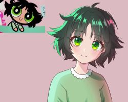 Rule 34 | 1girl, black hair, blush, buttercup (ppg), buttercup redraw challenge (meme), green eyes, green pajamas, highres, looking at viewer, meme, messy hair, nnst art, pajamas, pink background, powerpuff girls, reference inset, screenshot inset, shadow, short hair, simple background, smile, solo