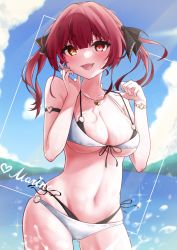 Rule 34 | 1girl, absurdres, arm strap, bikini, black bikini, black bow, blush, bow, breasts, character name, cleavage, double bikini, fang, gold necklace, hair bow, hair ornament, heart, heart necklace, heterochromia, highres, hololive, houshou marine, island, jewelry, large breasts, long hair, looking at viewer, matcha amigo, navel, necklace, open mouth, red eyes, red hair, side-tie bikini bottom, swimsuit, tongue, twintails, virtual youtuber, water, white bikini, yellow eyes