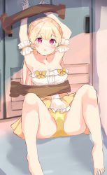 Rule 34 | 100081yazyu, 1girl, absurdres, armpits, bang dream!, barefoot, bdsm, blonde hair, bondage, bound, breasts, cleavage, collarbone, door, dress, female focus, full body, have to pee, highres, knees up, locker, long hair, looking at viewer, medium breasts, open mouth, panties, peeing, peeing self, purple eyes, shirasagi chisato, sitting, solo, spread legs, strapless, strapless dress, tape, underwear, upskirt, wet, wet clothes, yellow dress, yellow panties