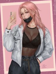 Rule 34 | 1girl, artist name, black bra, blue pants, bra, breasts, cellphone, chain, chloe (sciamano240), cleavage, closed mouth, commentary, denim, earrings, freckles, hand in pocket, hand up, highres, holding, holding phone, jacket, jewelry, large breasts, long hair, looking at viewer, mask, mask pull, mouth mask, nail polish, necklace, open clothes, open jacket, original, pants, phone, pink hair, pink nails, red eyes, sciamano240, see-through, see-through shirt, smartphone, solo, underwear, white jacket