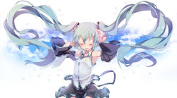 Rule 34 | 10s, 1girl, 39, 2014, aqua eyes, aqua hair, dated, detached sleeves, closed eyes, floating hair, flower, hair flower, hair ornament, hatsune miku, highres, long hair, necktie, open mouth, skirt, smile, solo, twintails, umiko (munemiu), very long hair, vocaloid, white background