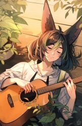 Rule 34 | 1boy, acoustic guitar, ahoge, animal ear fluff, animal ears, black hair, closed eyes, closed mouth, collarbone, commentary, commission, drawstring, english commentary, flower pot, fox ears, genshin impact, green hair, guitar, hair between eyes, hair intakes, hand up, highres, holding, holding instrument, hood, hood down, hoodie, instrument, light particles, long sleeves, lying, male focus, multicolored hair, music, nekojinnyart, on back, plant, playing instrument, potted plant, shadow, short hair, sidelocks, smile, solo, streaked hair, tighnari (genshin impact), white hoodie, wooden floor