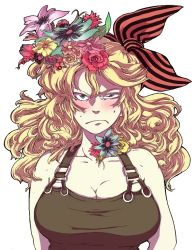 Rule 34 | 1girl, angry, bad id, bad pixiv id, bandana, blonde hair, blue eyes, blush, breasts, cleavage, curly hair, dragon ball, flower, fxpdj, hair flower, hair ornament, huge breasts, kouta (fxpdj), large breasts, long hair, lunch (bad) (dragon ball), lunch (dragon ball), overalls, ribbon, solo, strapless, suspenders, sweat, tube top