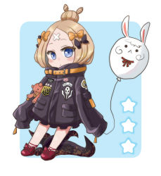 Rule 34 | 0yui, 1girl, abigail williams (fate), abigail williams (traveling outfit) (fate), balloon, black bow, black jacket, blonde hair, blue background, blue eyes, blush, bow, chibi, closed mouth, commentary request, crossed bandaids, fate/grand order, fate (series), fou (fate), full body, hair bow, hair bun, heroic spirit traveling outfit, highres, holding, holding balloon, jacket, long hair, long sleeves, looking at viewer, multiple hair bows, hugging object, official alternate costume, orange bow, parted bangs, polka dot, polka dot bow, red bow, red footwear, shoes, single hair bun, sleeves past fingers, sleeves past wrists, solo, star (symbol), stuffed animal, stuffed toy, teddy bear, tentacles, two-tone background, white background