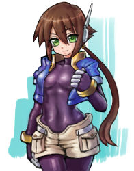 Rule 34 | 1girl, aile (mega man zx), bad id, bad pixiv id, bodysuit, bodysuit under clothes, bracelet, breasts, brown hair, capcom, covered navel, cropped jacket, drill (emilio), green eyes, hair between eyes, highres, inti creates, jewelry, layered sleeves, long hair, long sleeves, looking at viewer, mega man (series), mega man zx, mega man zx advent, pantyhose, pantyhose under shorts, ponytail, puffy short sleeves, puffy sleeves, short over long sleeves, short sleeves, shorts, sidelocks, skin tight, small breasts, smile, solo, spandex, tight clothes, white shorts