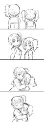 Rule 34 | 2girls, 4koma, :d, ^ ^, arms at sides, blush, closed eyes, closed mouth, comic, dot nose, embarrassed, closed eyes, facing away, facing viewer, from side, furrowed brow, greyscale, hair ornament, hair ribbon, highres, hug, kazuno leah, kazuno sarah, long sleeves, looking at viewer, love live!, love live! sunshine!!, mezashi (mezamashi set), monochrome, multiple girls, neck ribbon, open mouth, ribbon, sailor collar, saint snow, school uniform, serafuku, siblings, side ponytail, silent comic, simple background, sisters, smile, tareme, tsurime, twintails, upper body, wavy mouth, white background