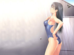 Rule 34 | 00s, 1girl, adjusting clothes, adjusting swimsuit, black hair, breasts, competition school swimsuit, highres, long hair, mizushima asa, one-piece swimsuit, one-piece tan, school swimsuit, shiny clothes, showering, solo, sora no iro mizu no iro, swimsuit, tan, tanline, third-party edit, tony taka, wallpaper, wet