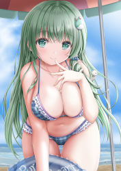 Rule 34 | 1girl, akino irori, alternate costume, arm under breasts, arm up, beach, beach umbrella, bikini, blue bikini, blue sky, breasts, cleavage, cloud, collarbone, commentary request, cowboy shot, english text, female focus, finger to mouth, frilled bikini, frills, frog hair ornament, gluteal fold, green eyes, green hair, hair ornament, highres, holding, holding swim ring, horizon, innertube, kochiya sanae, large breasts, leaning forward, light blush, long hair, looking at viewer, navel, ocean, partial commentary, plaid, plaid bikini, sky, smile, snake hair ornament, solo, standing, swim ring, swimsuit, thigh gap, touhou, umbrella, very long hair