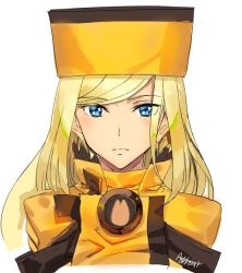Rule 34 | 1girl, ashiomi masato, blonde hair, blue eyes, fur hat, guilty gear, guilty gear xrd, hat, long hair, looking at viewer, millia rage, signature, simple background, solo, upper body, ushanka, white background