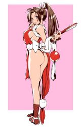 Rule 34 | 1girl, ass, breasts, brown hair, fatal fury, female focus, folded fan, folding fan, from side, full body, hand fan, hand to own mouth, large breasts, looking at viewer, looking back, matsuda (matsukichi), ninja, pelvic curtain, ponytail, revealing clothes, shiranui mai, sideboob, simple background, solo, standing, the king of fighters