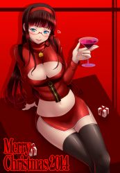 Rule 34 | 10s, 1girl, 2014, blue eyes, blush, breasts, brown hair, christmas, cleavage, glasses, highres, large breasts, long hair, meme attire, merry christmas, navel, open-chest sweater, original, revision, ribbed sweater, smile, solo, sweater, taru neko