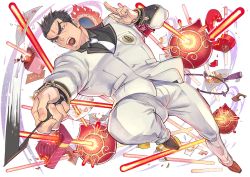 Rule 34 | 1boy, aizen (housamo), bara, black hair, dynamic pose, facial mark, forehead mark, formal, full body, halo, halo behind head, kijimahyogo, looking at viewer, male focus, necktie, official art, open mouth, pants, pectorals, red eyes, shoes, solo, suit, tokyo houkago summoners, transparent background